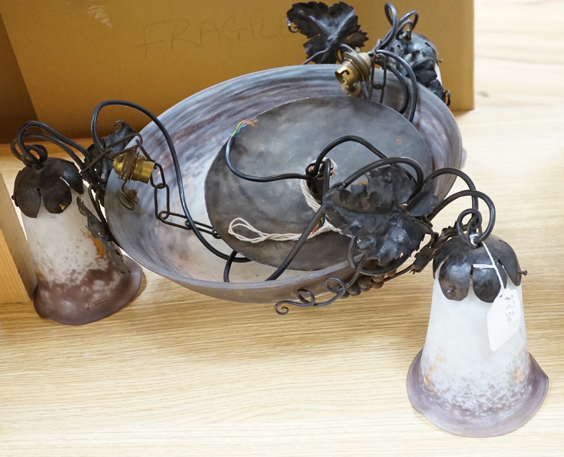 A French mottled glass electrolier, signed Lorrain